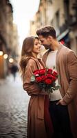 AI generated Happy young couple holding flowers dating in city blur bokeh background photo