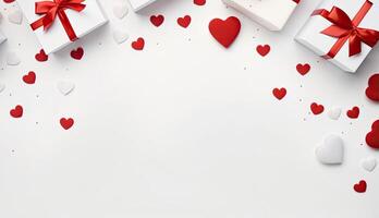 AI generated Top view of white gift boxes with red hearts, template Valentine day background banner. photo