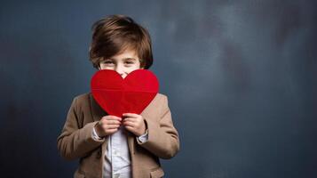 ai generado un tímido pequeño chico participación un papel corazón forma y ocultación detrás eso en gris antecedentes foto