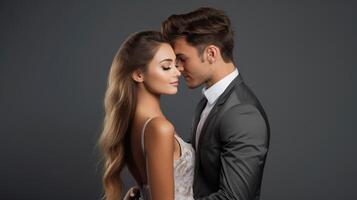 ai generado hermosa contento encantador Pareja son besos en gris fondo, enamorado concepto foto