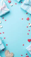 AI generated Flat lay, top view of Gift box and heart confetti on pastel blue background with copy space Valentine Day photo