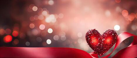 AI generated Red hearts with ribbon on shiny bokeh glowing background, Valentine's day web banner photo