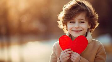 AI generated A shy little boy holding a paper heart shape and hiding behind it on blur bokeh city background photo