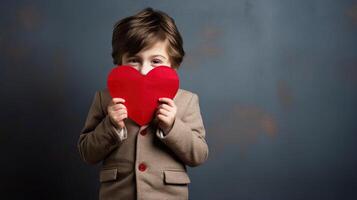 AI generated A shy little boy holding a paper heart shape and hiding behind it on grey background photo