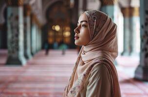 AI generated Muslim women praying in hijab dress for the blessings at the mosque photo