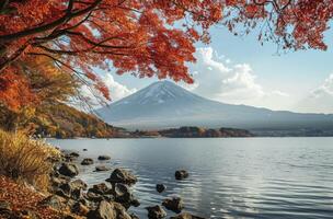 AI generated Colorful Autumn Season and Mountain with morning fog and red leaves at lake photo