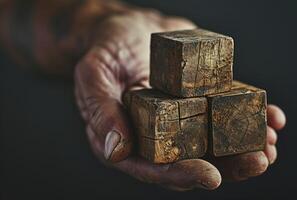 AI generated Hand holding wooden blocks toy isolated over black background photo