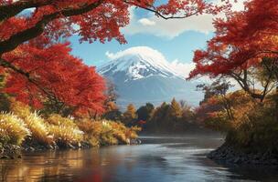 AI generated Colorful Autumn Season and Mountain with morning fog and red leaves at lake photo