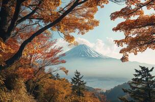AI generated Colorful Autumn Season and Mountain with morning fog and red leaves at lake photo