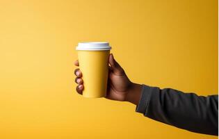 AI generated Hand holding a coffee cup mockup. Ai generated. photo