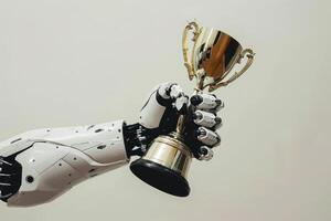 AI generated Robot's hand holds up a trophy. aigenerated. photo