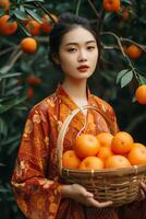 AI generated Fortune's Bounty Woman Holds a Basket of Prosperous Mandarin Oranges photo