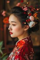 AI generated Floral Grace Woman Adorns Lunar New Year with Elegant Hairpin photo