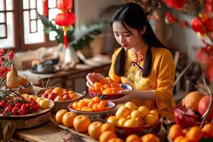 ai generado fructífero principios mujer arregla propicio frutas para nuevo año foto