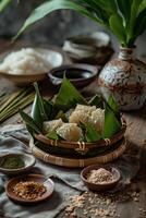 AI generated Zongzi Feast Unveiling the Rich Flavors in Bamboo Leaf Wraps photo