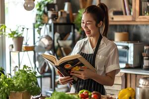 ai generado libro de cocina alegría leyendo con emoción para el amor de Cocinando foto