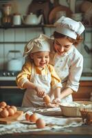 AI generated Kitchen Lessons Mom Guides Child in the Art of Egg Cracking photo