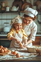 ai generado cocina lecciones mamá guías niño en el Arte de huevo agrietamiento foto