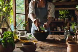 AI generated Spice Artistry Woman Grinds Culinary Magic with Mortar and Pestle photo