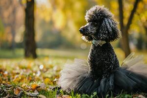 ai generado tutu giros caniche glamour soltado en el parque foto