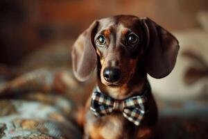 ai generado apuesto perro tejonero arco Corbata elegancia en cuatro patas foto