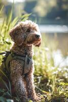 ai generado verano frio labradoodle comodidad en elegante enfriamiento chaleco foto