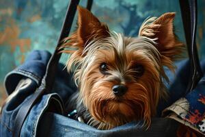 AI generated Chic Yorkie Travel A Fashionable Adventure in the Carrier Bag photo