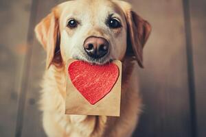 ai generado perrito amor canino afecto en San Valentín corazones foto