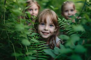 ai generado de la naturaleza patio de recreo niños abrazando verde divertido y ocupaciones foto
