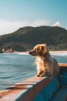 ai generado Dom arena y cruz feliz mascotas en el playa foto