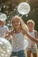 ai generado de la naturaleza patio de recreo niños abrazando verde divertido y ocupaciones foto