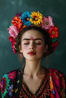 AI generated Radiant Elegance Woman in Colorful Mexican Inspired Attire photo