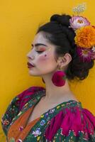 ai generado radiante elegancia mujer en vistoso mexicano inspirado atuendo foto