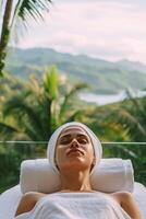 AI generated Paradise Pampering Woman Relishing a Facial with Breathtaking Tropical Views photo
