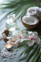 AI generated Tropical Elegance Close-up of Natural Spa Treasures with Coconut Oil and Exotic Flowers photo