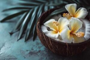 AI generated Tropical Elegance Close-up of Natural Spa Treasures with Coconut Oil and Exotic Flowers photo