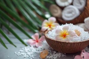 AI generated Tropical Elegance Close-up of Natural Spa Treasures with Coconut Oil and Exotic Flowers photo