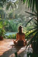 AI generated Zen Oasis Serene Yoga Session Unfolding in a Tropical Spa Garden photo