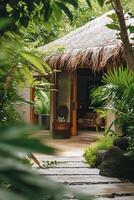 AI generated Green Retreat Luxurious Tropical Spa Villa Nestled in Lush Surroundings photo