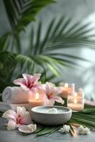 AI generated Floral Serenity A Tranquil Spa Day Amidst Tropical Flowers and Candles photo