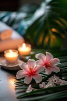 AI generated Floral Serenity A Tranquil Spa Day Amidst Tropical Flowers and Candles photo