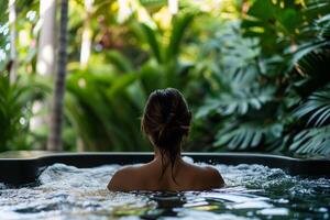 ai generado lozano escapar mujer descansando en un tropical spa refugio con jardín puntos de vista foto