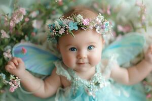 AI generated Enchanting Innocence Baby Girl Radiates Fairy Charm in Soft Pastels photo