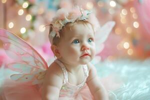 AI generated Enchanting Innocence Baby Girl Radiates Fairy Charm in Soft Pastels photo