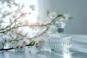 ai generado primavera elegancia el delicado diseño de un perfume botella foto