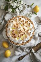 AI generated Farmcore Delight Lemon Meringue Pie with Golden Peaks photo