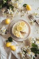 AI generated Farmcore Fusion Lemon and Elderflower Cake in Simple Spring Harmony photo