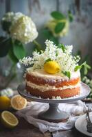 AI generated Farmcore Fusion Lemon and Elderflower Cake in Simple Spring Harmony photo