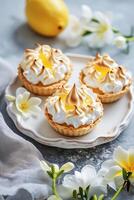 AI generated Farmcore Fusion Lemon Curd Tarts with Meringue in Simple Spring Harmony photo