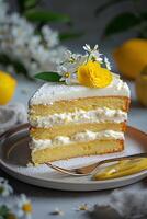 AI generated Lemony Elegance Simple Composition of Lemon Sponge Cake with Farmcore Chic photo